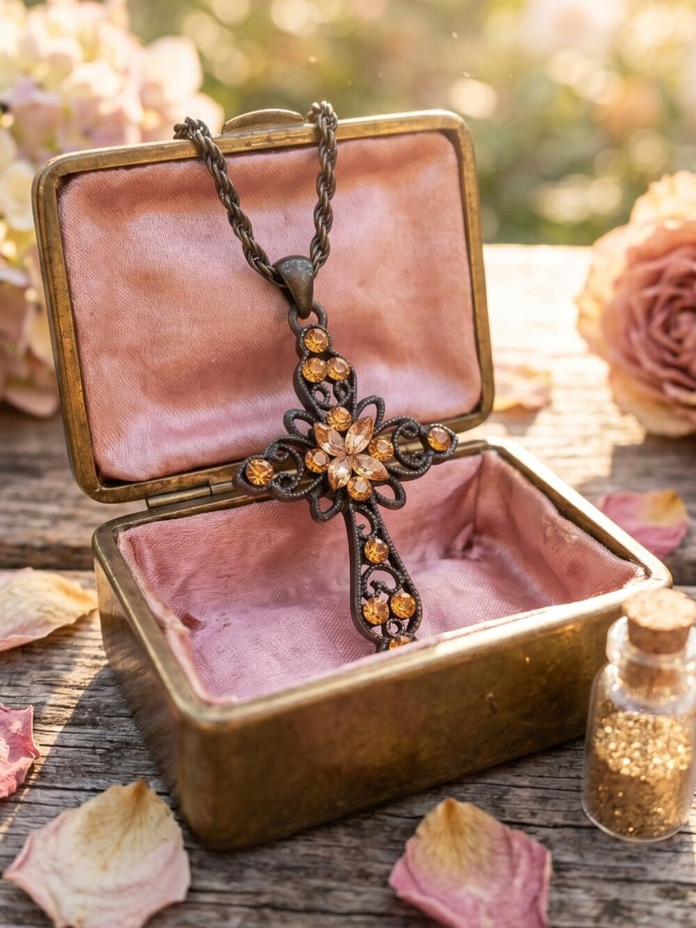 Vintage-style Filigree Cross Amber-tone Pendant Antique Bronze Metal Necklace